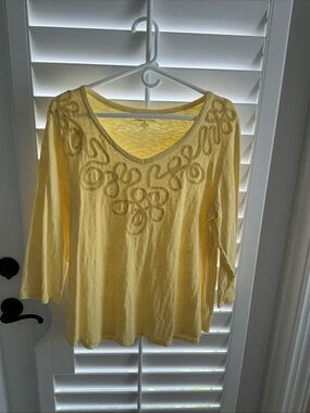 Coldwater Creek Yellow V-Neck Long Sleeve Top with Loop Embroidery